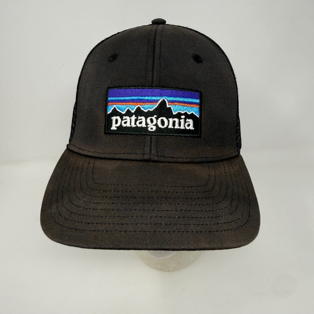 Patagonia P-6 Logo Trucker Hat Black Mesh Snapback Sun Faded Cap OSFA